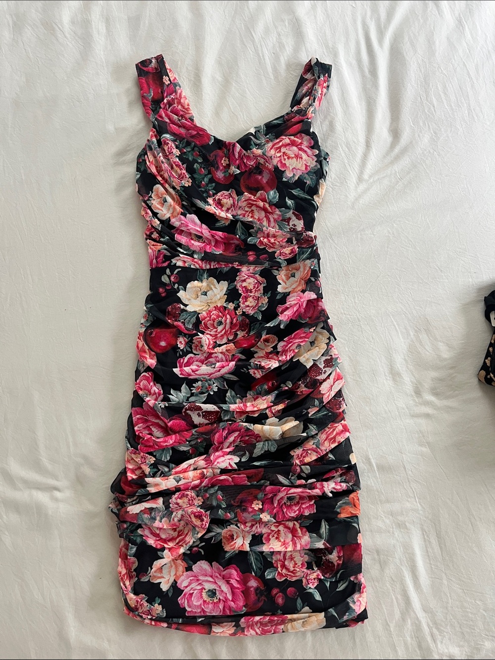 Express Floral Ruched Midi Dress in Black and Pink